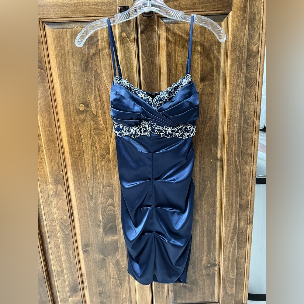 Satin Navy Beaded Mini Dress / Homecoming